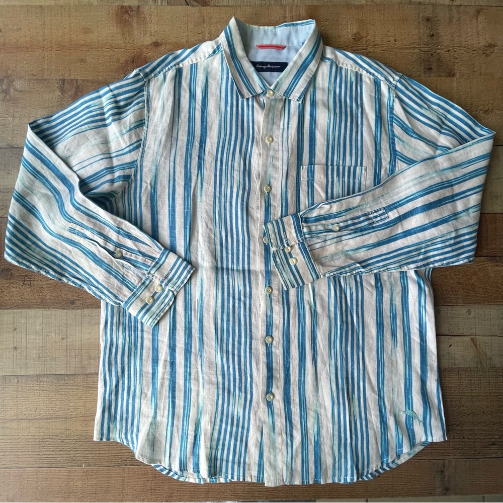 Tommy Bahama Long Sleeve 100% Linen Casual Buttondown Shirt LARGE Cream Aqua Blu